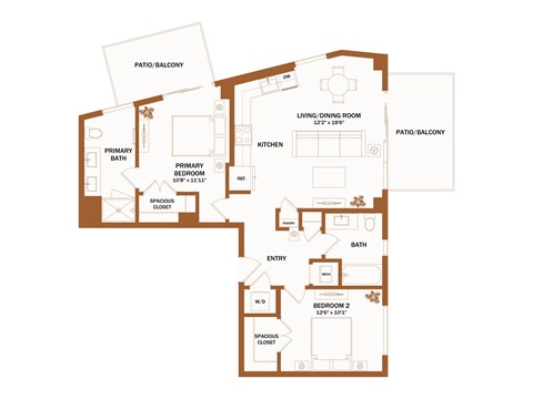 A floor plan of a house with two bedrooms, a living area, a kitchen, a bathroom, and a primary bath.